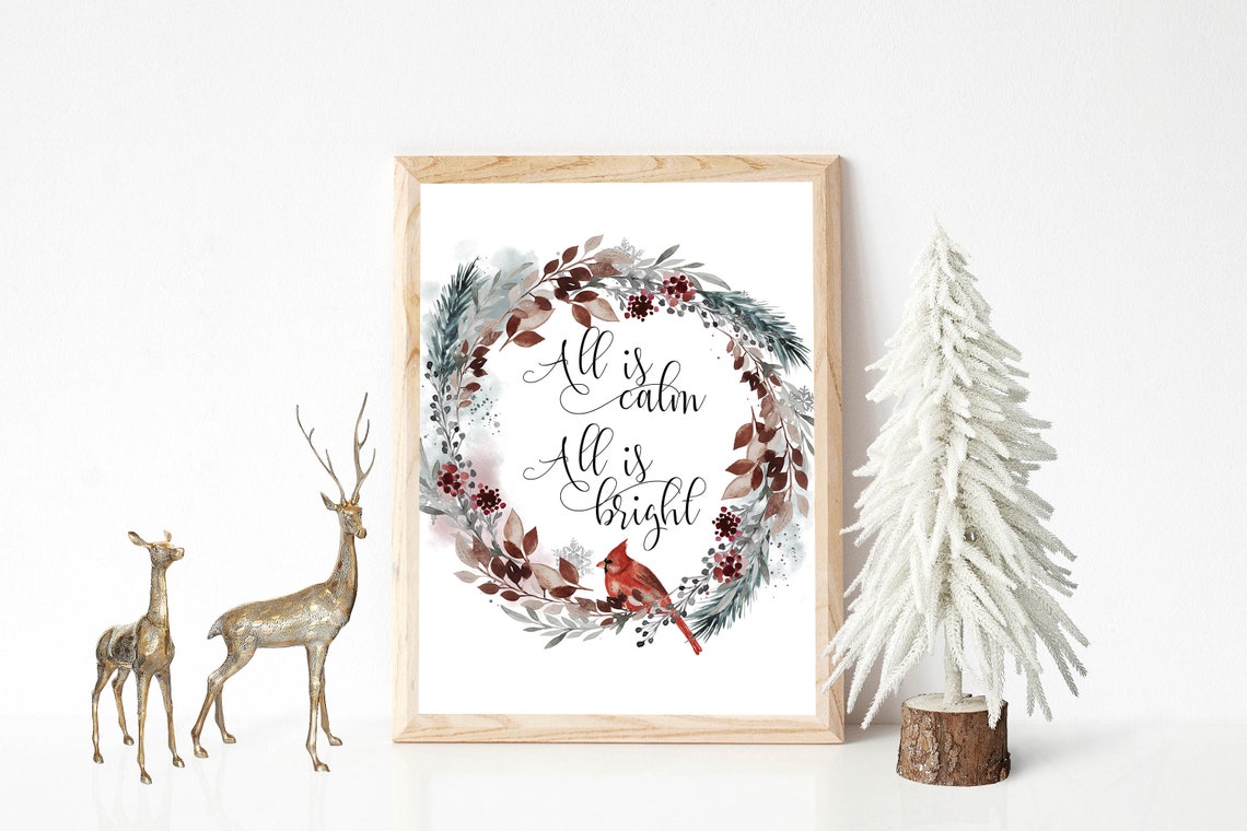 All Is Calm All Is Bright Christmas Wreath With Red Cardinal Poster - Image 3