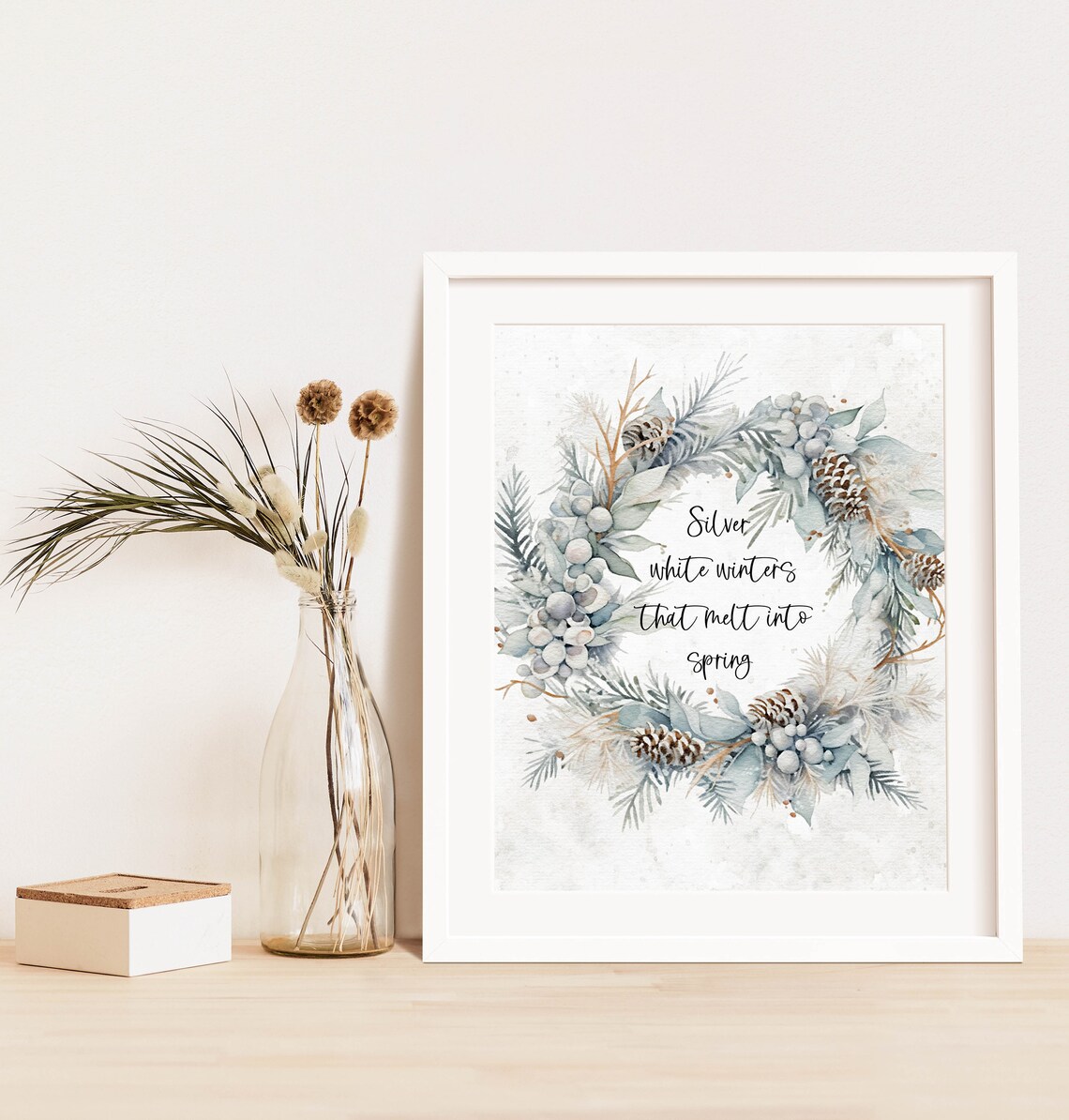 Silver White Winters That Melt Into Spring Frosty Pinecone Wreath Poster - Image 7