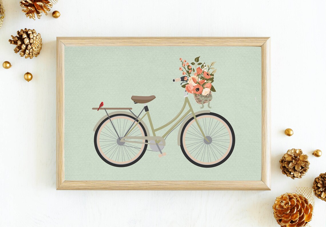 Vintage Sage Green Bicycle Flower Basket Mint Botanical Wall Art