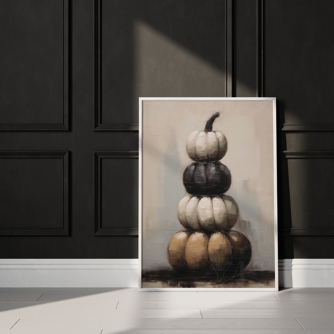 Stacked Pumpkin Topiary in White Black and Tan Halloween Wall Art - Image 2
