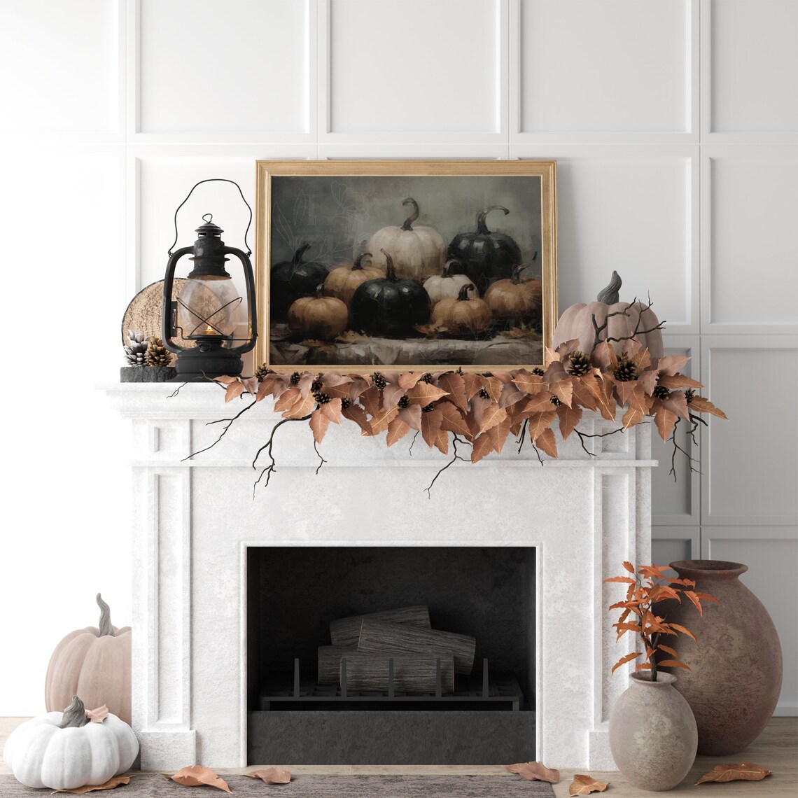 Rustic Halloween Pumpkins Print Moody Halloween Wall Decor Pumpkin Still Life Painting - Image 3