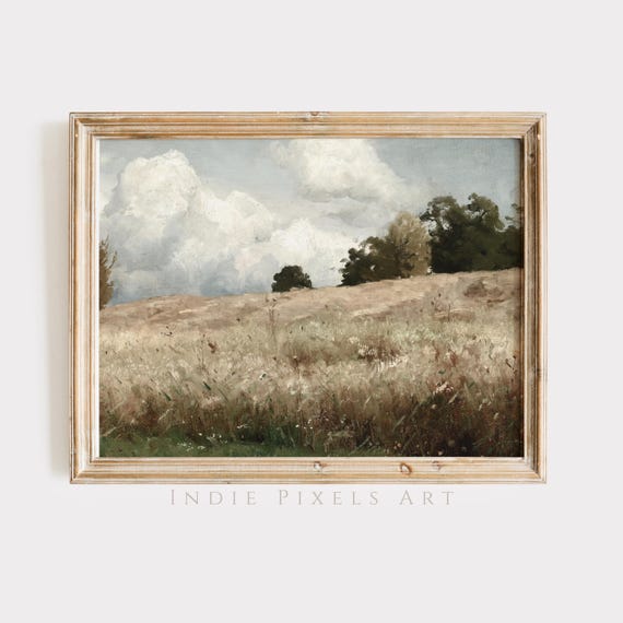 Vintage Landscape Print Wheat Field Wall Art Vintage Countryside Painting Neutral Rustic Farmhouse Wall Decor Art