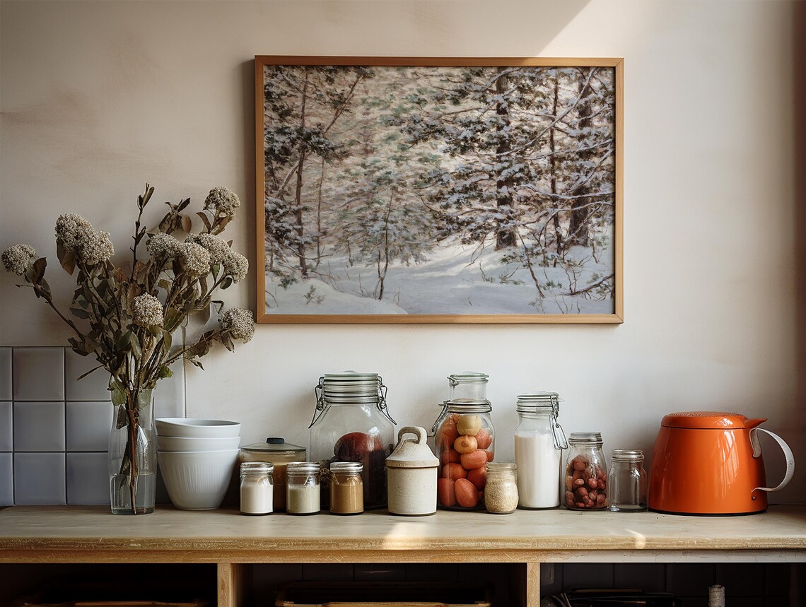 Snow Covered Pine Forest Winter Woodland Vintage Oil Painting Poster - Image 2