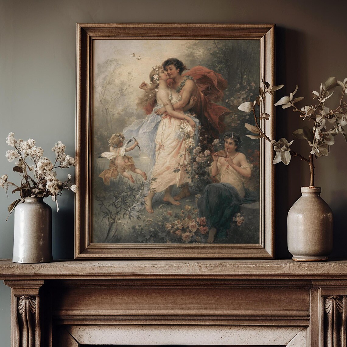 Vintage Romantic Lovers in Garden Cupid Classical Painting Art Print - Image 4