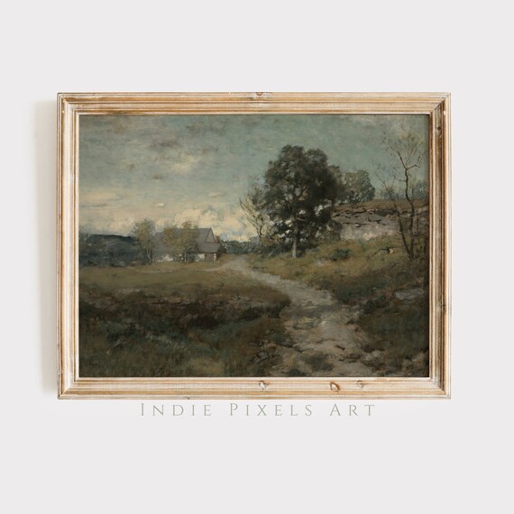 Rustic Cottage on Country Path Vintage Painting Moody Sky Wall Art
