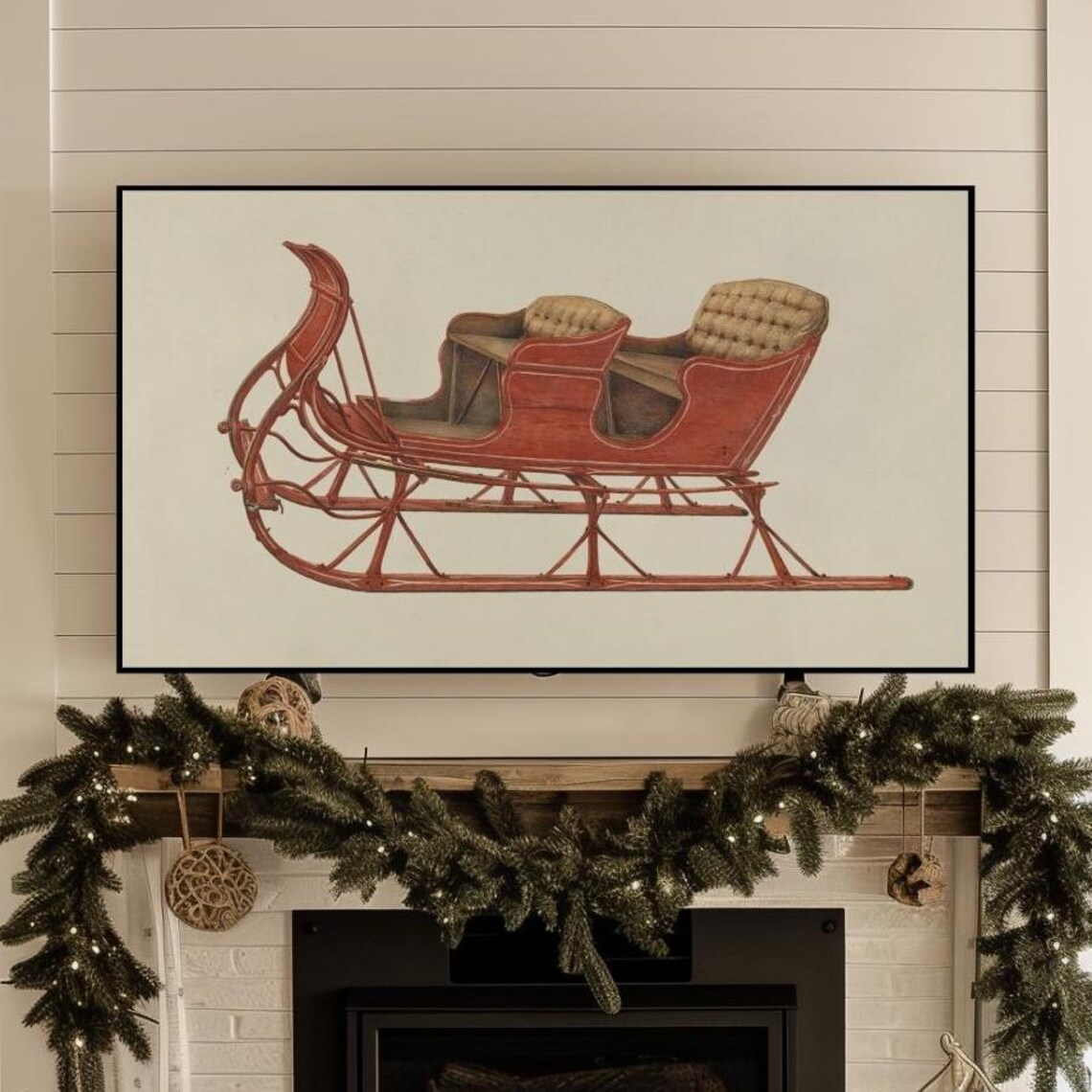 Vintage Red Horse Sleigh Antique Winter Carriage Illustration Poster