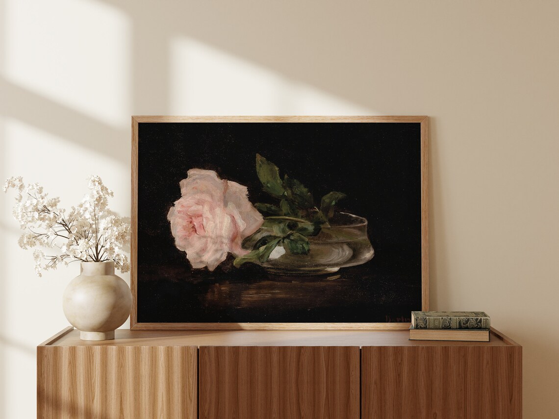 Moody Dark Rose Still Life Oil Painting Pink Flower Vintage Poster - Image 4