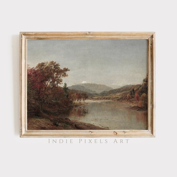 Moody Autumn Lake Mountain Reflection Vintage Fall Landscape Painting Print