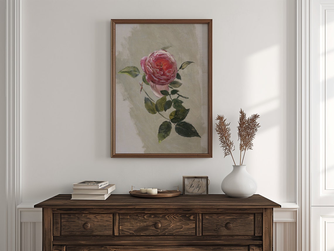 Rose Vintage Muted French Still Life Painting Pink Rose Botanical Farmhouse Girls Room Decor Floral Nursery Fine Art - Image 4