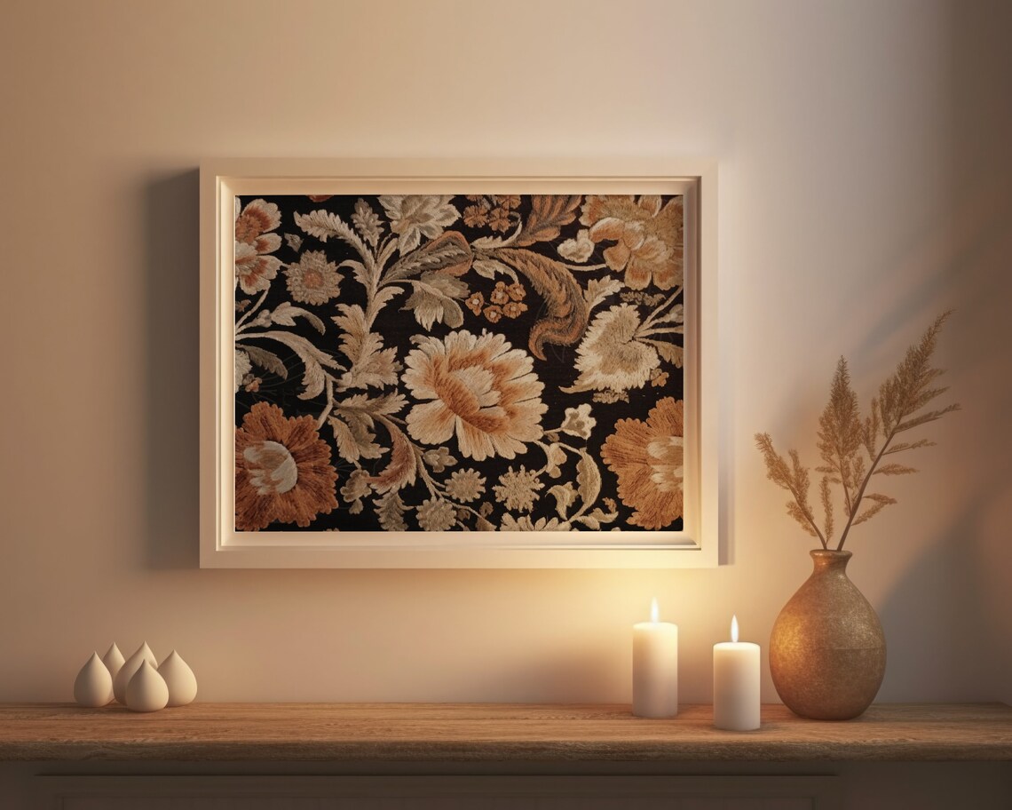 Autumn Floral Tapestry Cream Rust Blooms Vintage Botanical Poster - Image 3