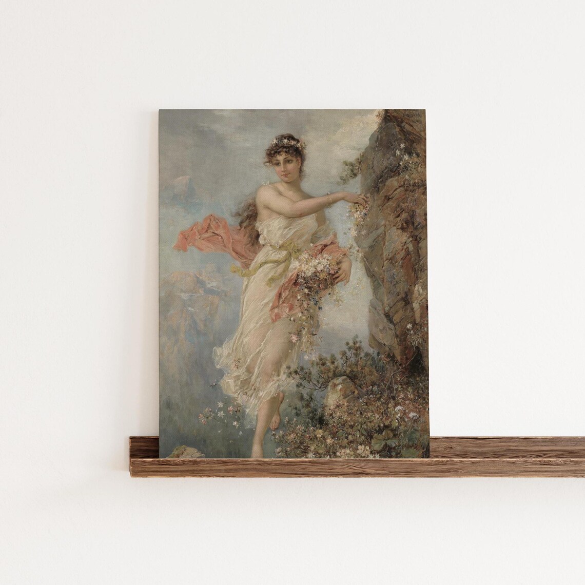 Romantic Woman Gathering Flowers Cliff French Style Painting Art Print - Image 2
