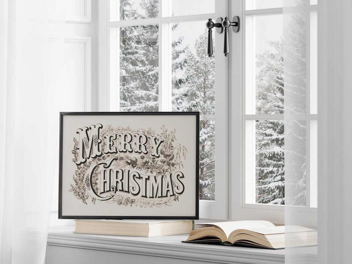 Vintage Merry Christmas Floral Typography Holiday Sign Wall Art - Image 4