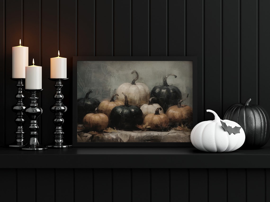 Moody Heirloom Pumpkin Still Life in White Tan and Black Wall Art - Image 4