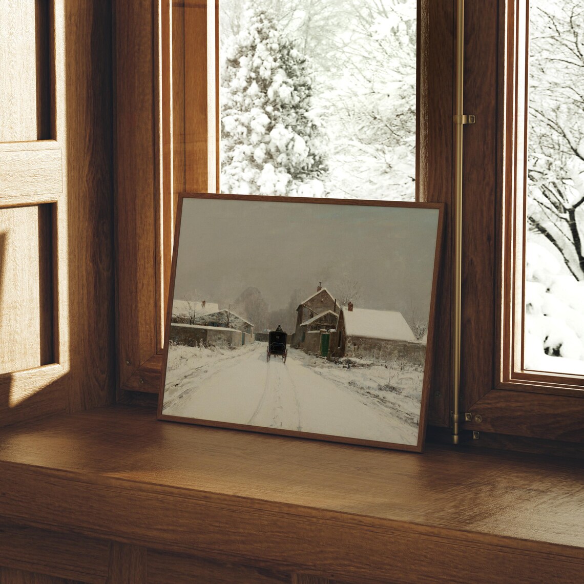 Snow Covered Village Road Horse Carriage Vintage Winter Painting Poster - Image 2