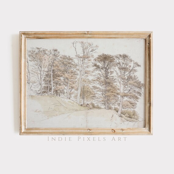 Neutral Autumn Trees Hill Sketch Vintage Ink Landscape Drawing Print