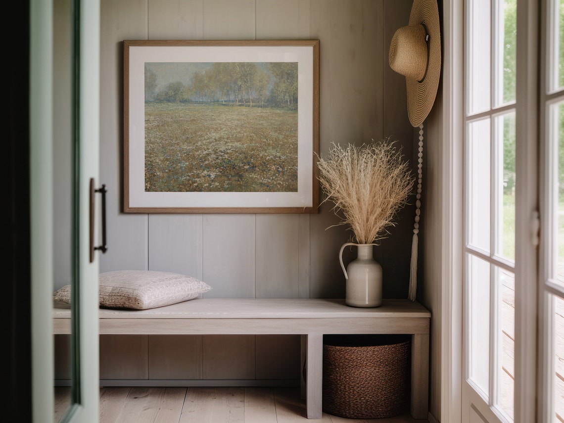 Wildflower Meadow Misty Trees Vintage Landscape Neutral Wall Poster - Image 4