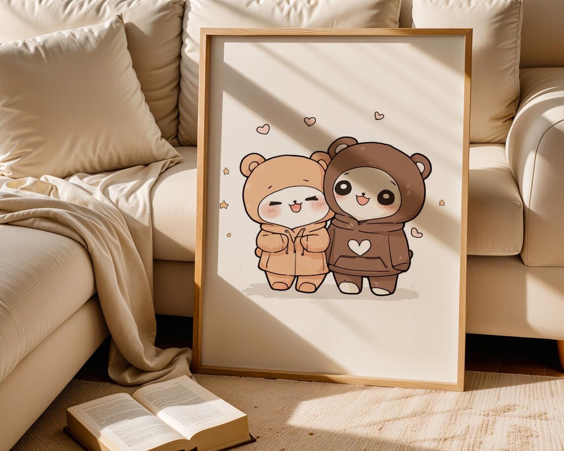 Cute Bears in Hoodies Kawaii Animal Poster for Couples Room Wall Decor
