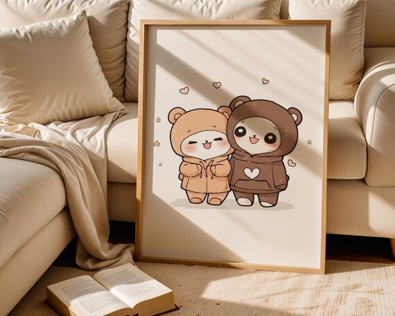 Cute Bears in Hoodies Kawaii Animal Poster for Couples Room Wall Decor