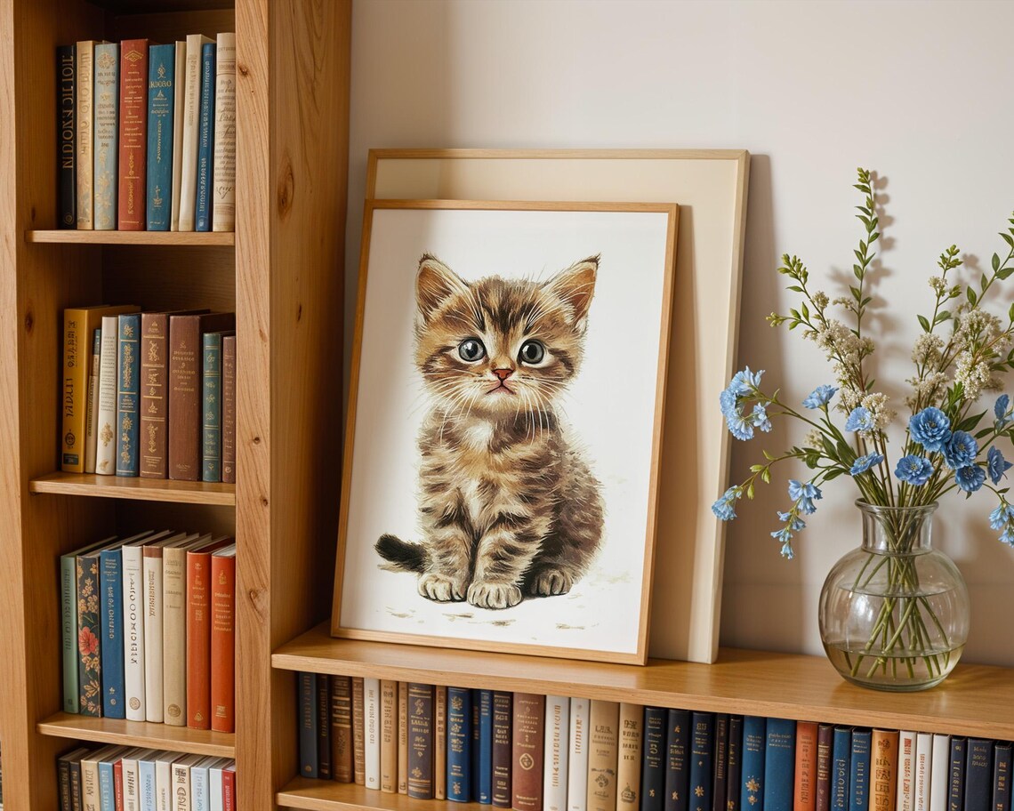 Adorable Tabby Kitten Sitting Cat Lovers Nursery Decor Poster - Image 2