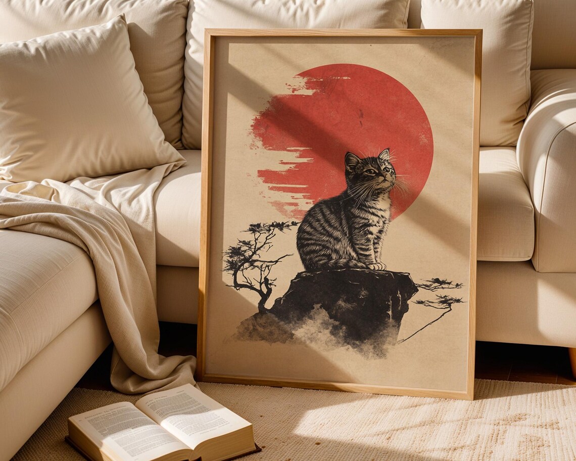 Japanese Tabby Cat Red Sun Sumi-e Style Art Poster for Wall Decor - Image 5