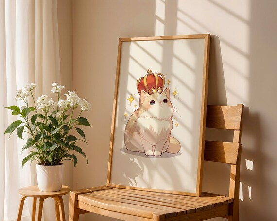 Cream Cat Wearing Royal Red Crown Cute Kawaii Kitty Wall Art