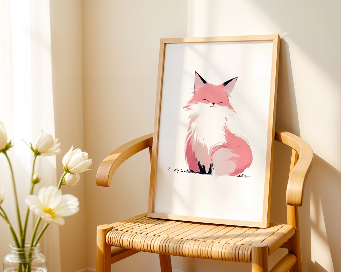 Cute Smiling Pink Fox Poster with Soft Watercolor Minimalist Art