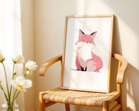Cute Smiling Pink Fox Poster with Soft Watercolor Minimalist Art