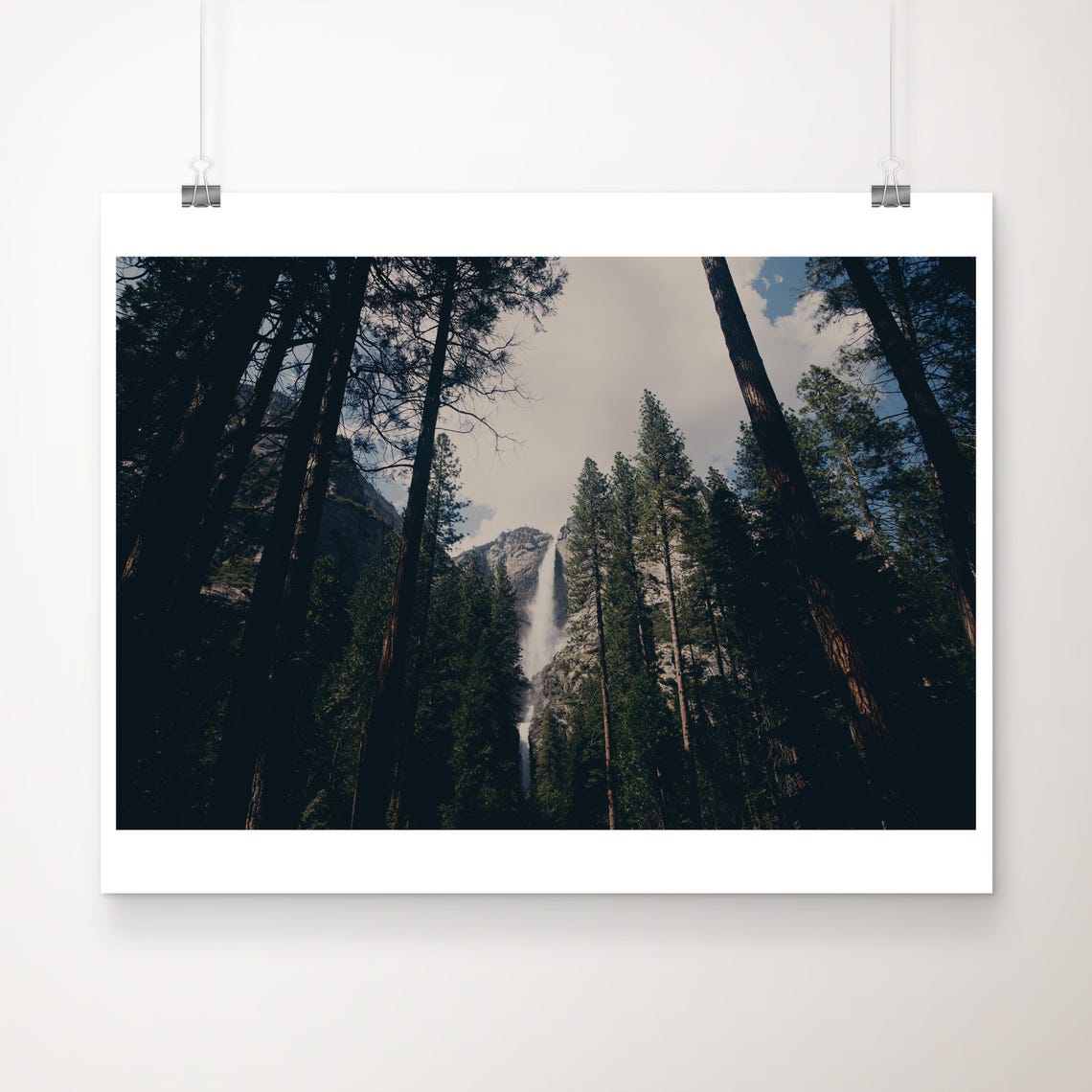 Yosemite Falls Through Dark Pine Forest Misty Waterfall Poster