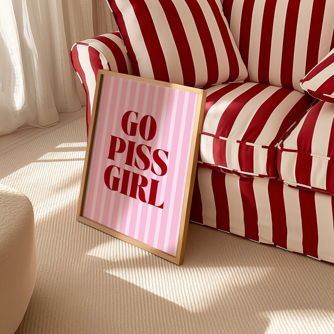 Go Piss Girl Funny Red and Pink Striped Bathroom Quote Poster - Image 4