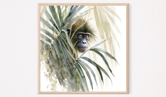 Curious Monkey Palm Fronds Tropical Watercolor Animal Poster Art