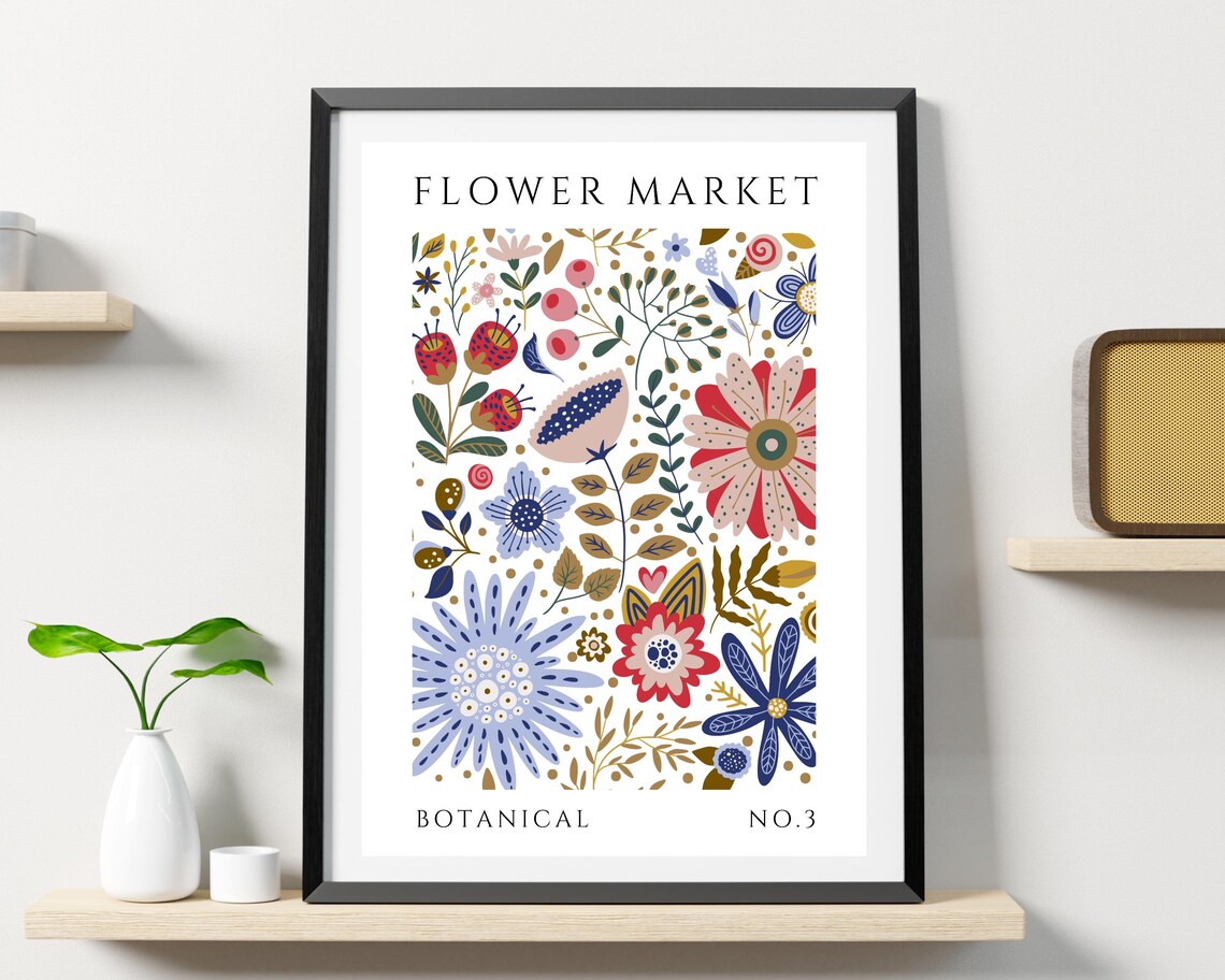 Flower Market Red Blue Coral Folk Florals Botanical No 3 Poster - Image 2