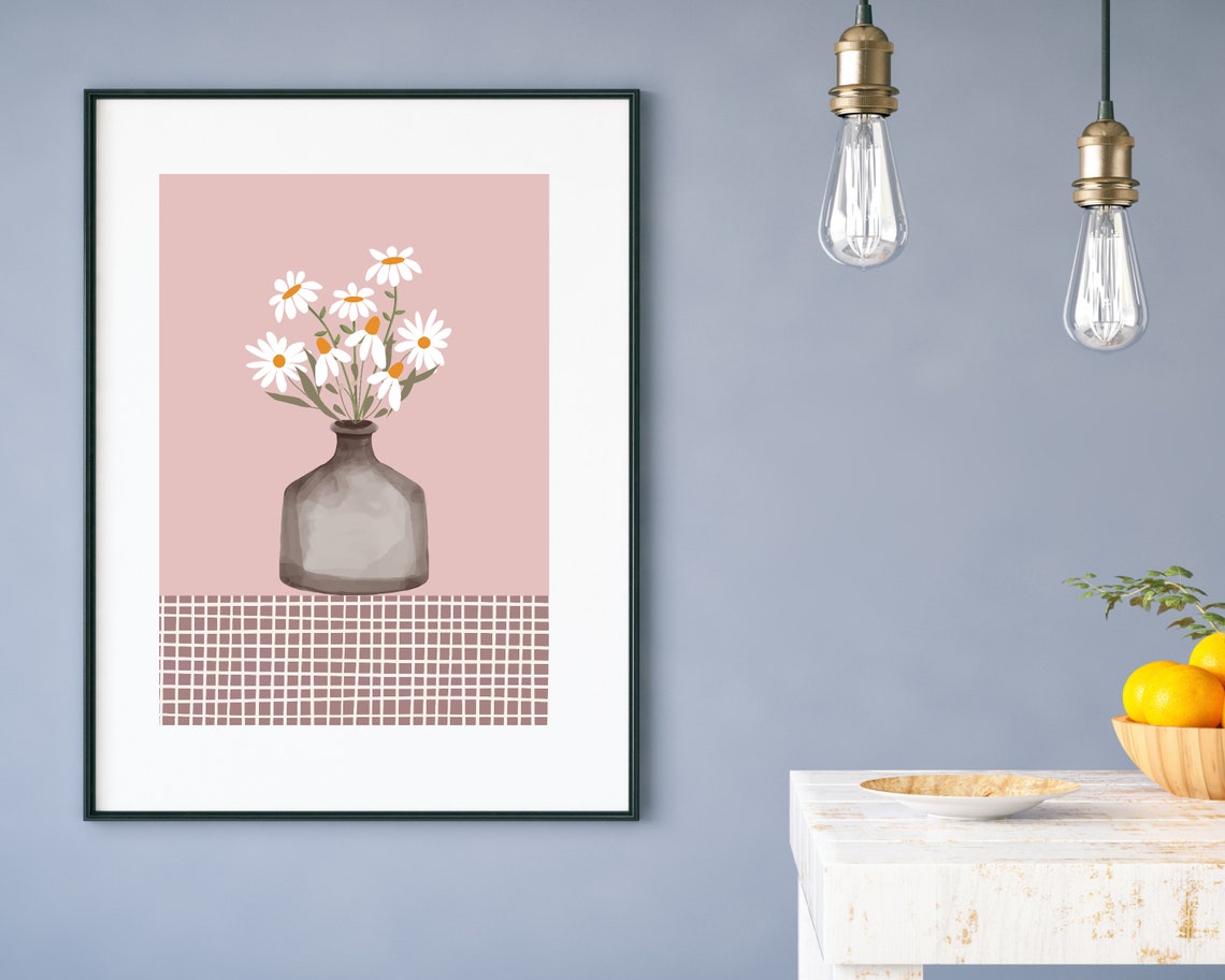 White Daisies In Glass Vase Blush Pink Botanical Tablecloth Poster - Image 2