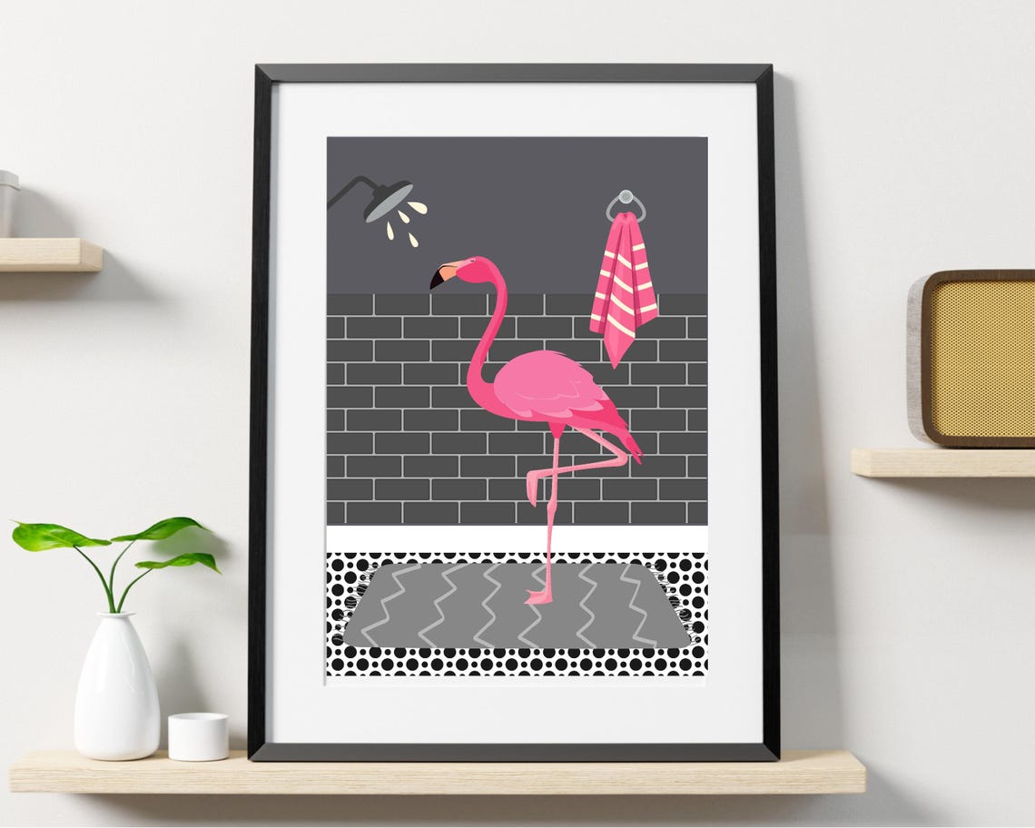 Flamingo In The Shower Flamingo In The Bathroom Print Animal In Bathroom White Bathroom Print Wild Animal In Shower Funny Animal Print - Image 2