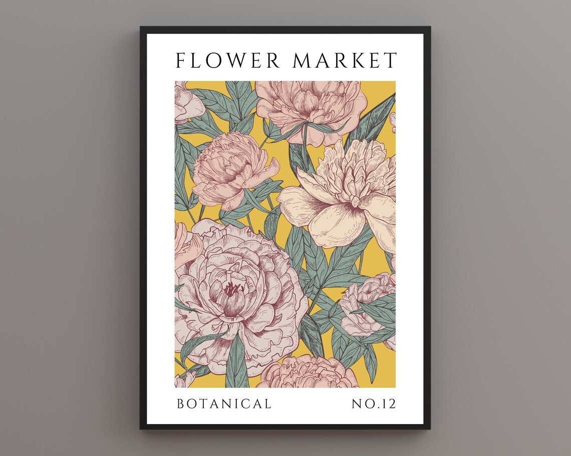 Flower Market Pink Peonies Mustard Yellow Botanical Style No 12 Poster