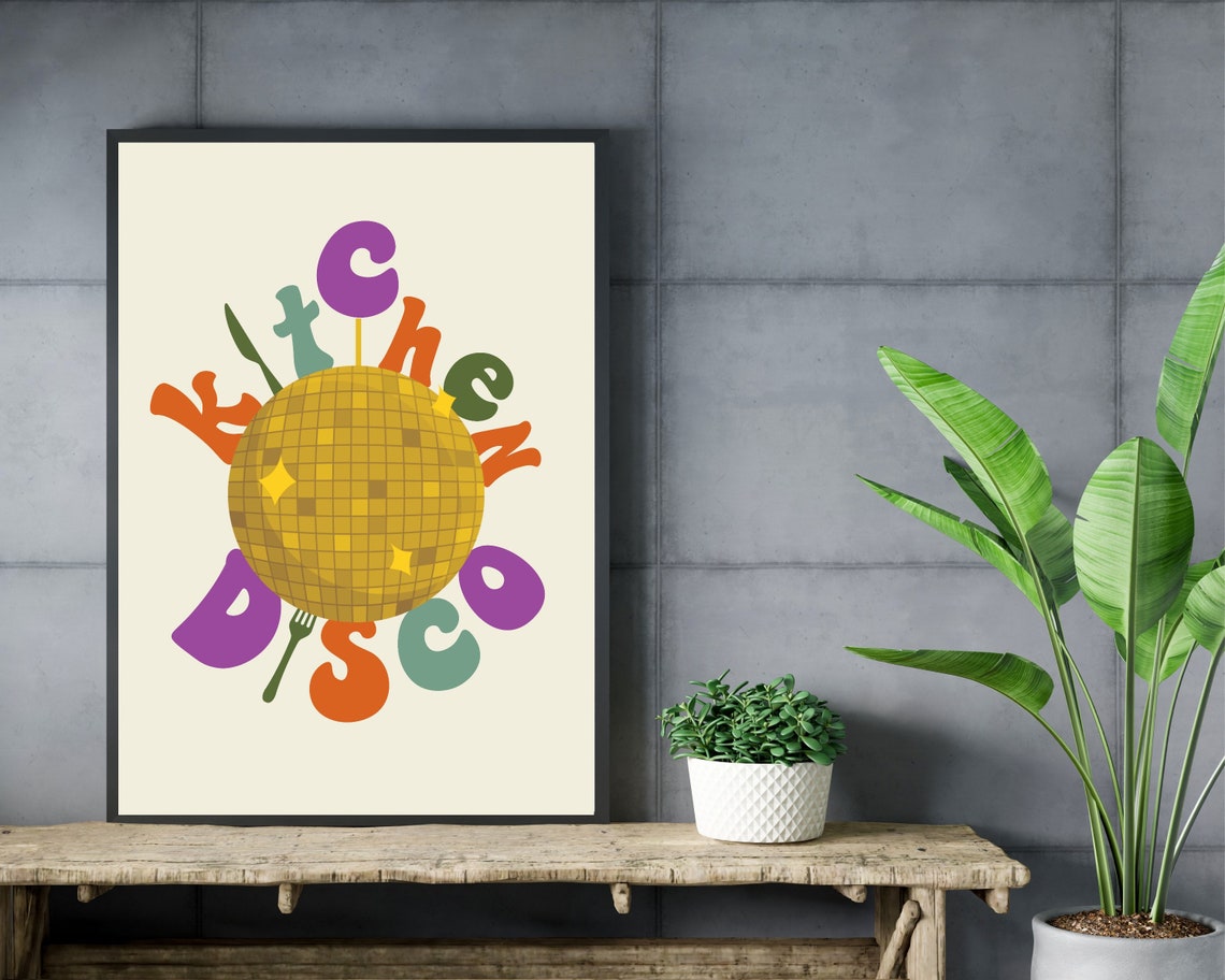 Kitchen Disco Multicolor Gold Disco Ball Retro Cream Kitchen Poster - Image 3