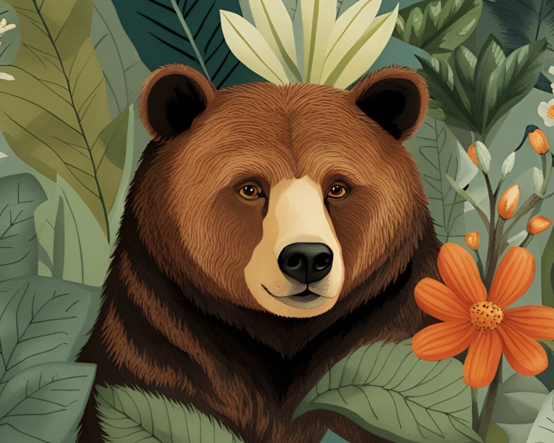 Brown Bear Among Lush Jungle Leaves and Orange Flowers Poster - Image 2