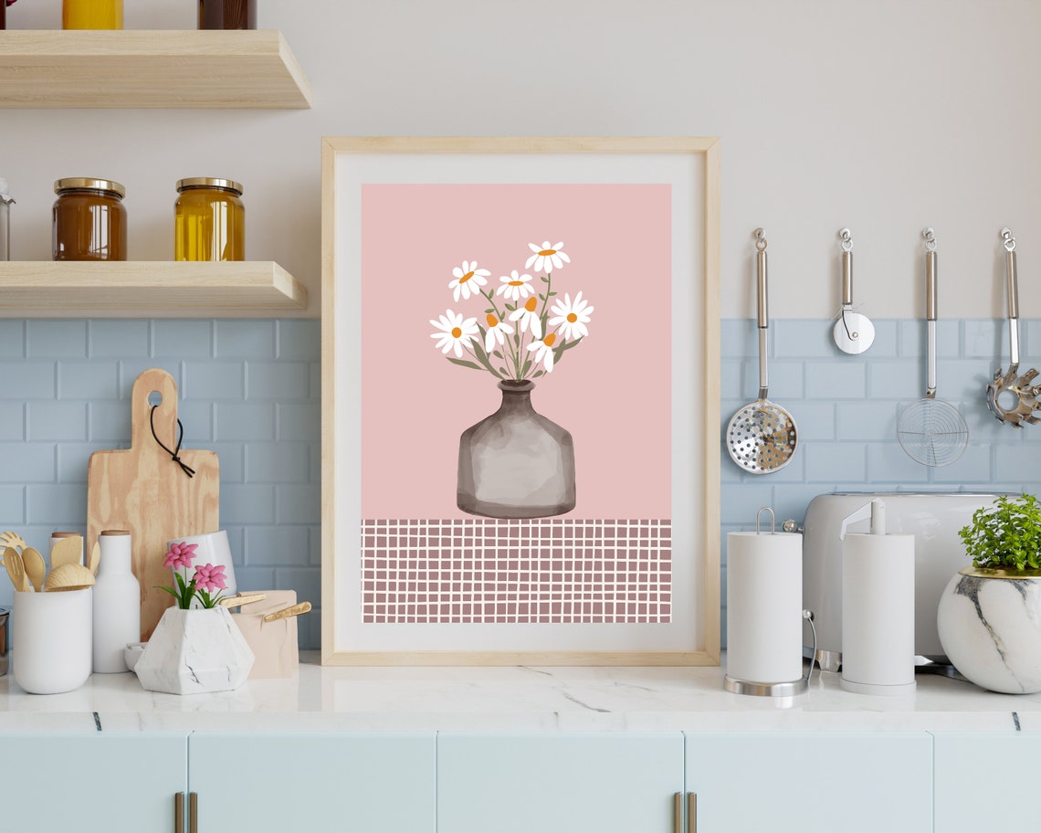 White Daisies In Glass Vase Blush Pink Botanical Tablecloth Poster - Image 3