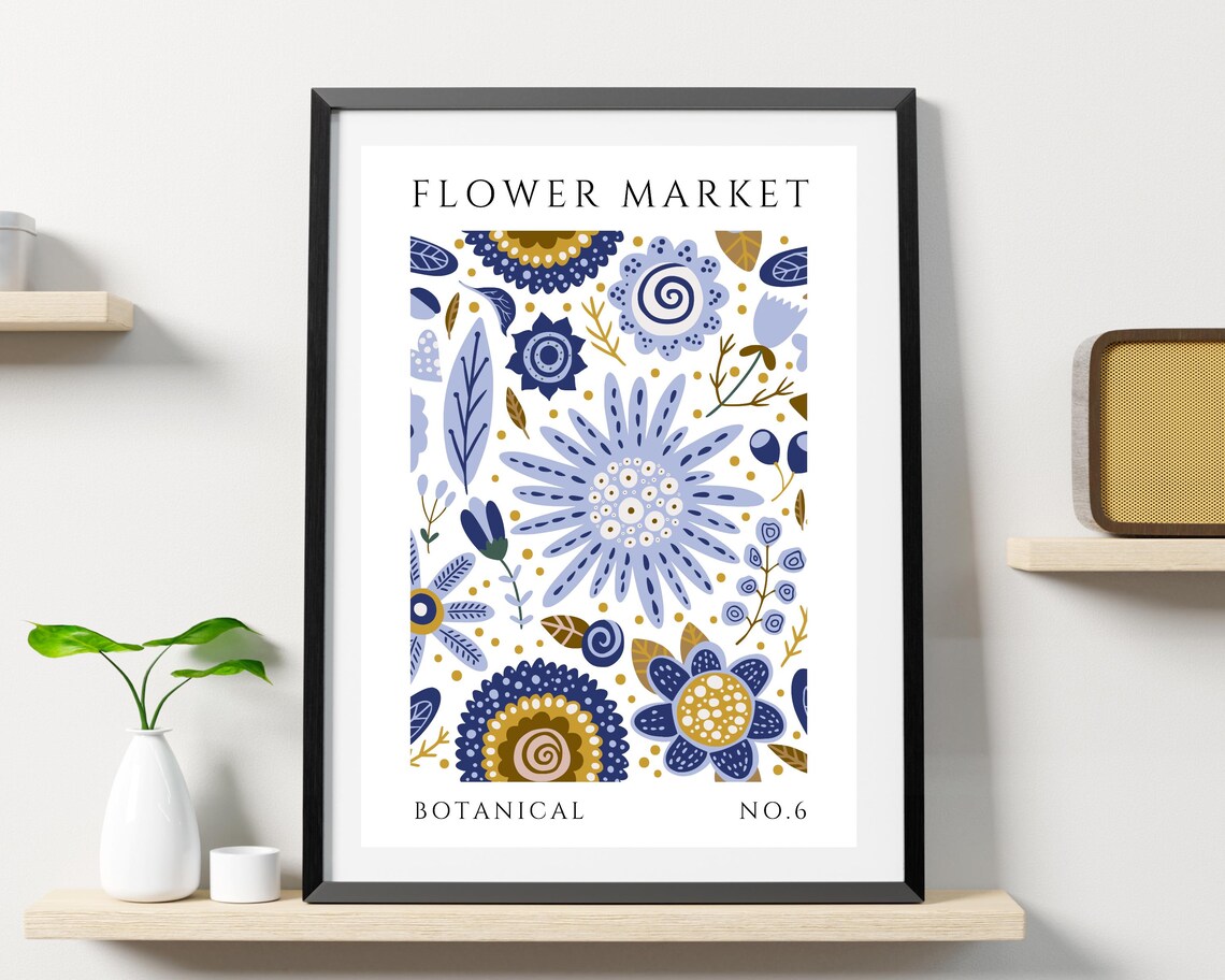 Flower Market Blue Gold Abstract Florals Botanical No 6 Poster - Image 3