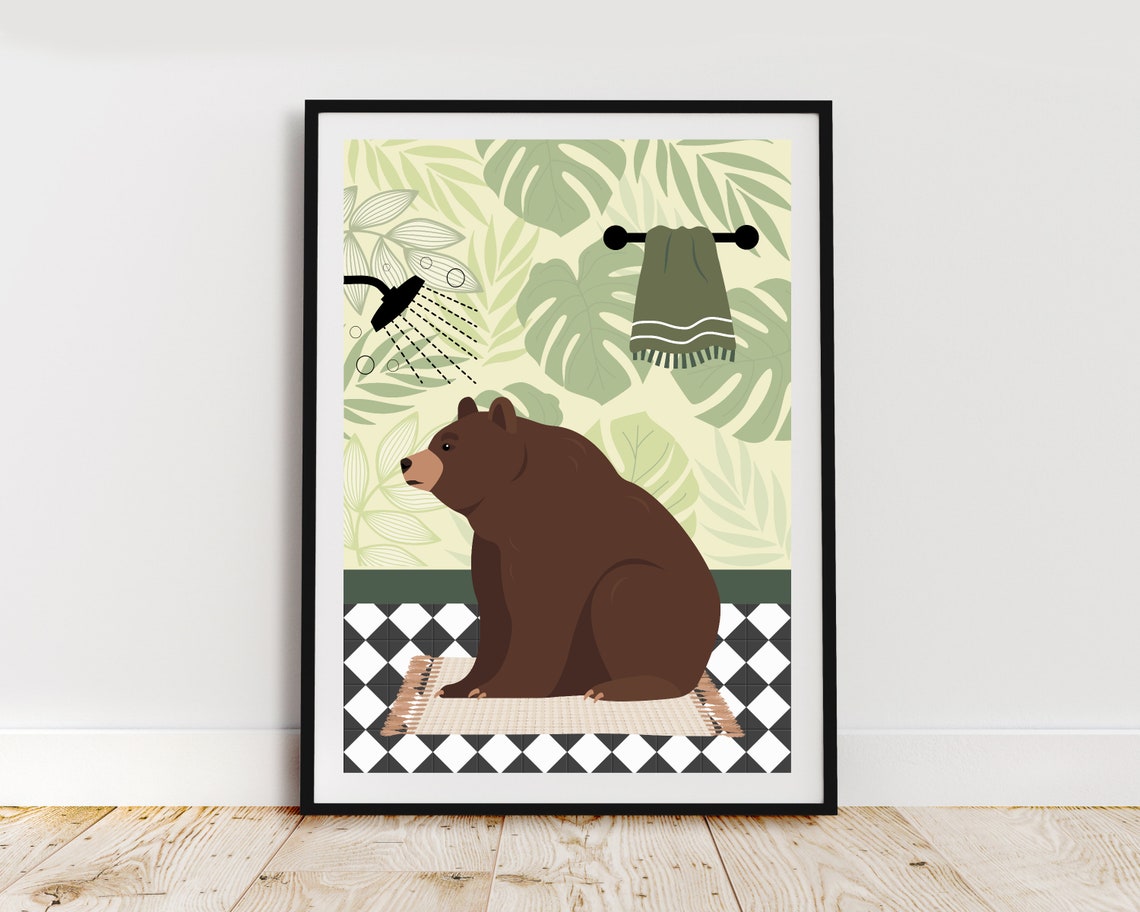 Brown Bear Sitting Under A Shower In A Green Leaf Bathroom Poster - Image 2