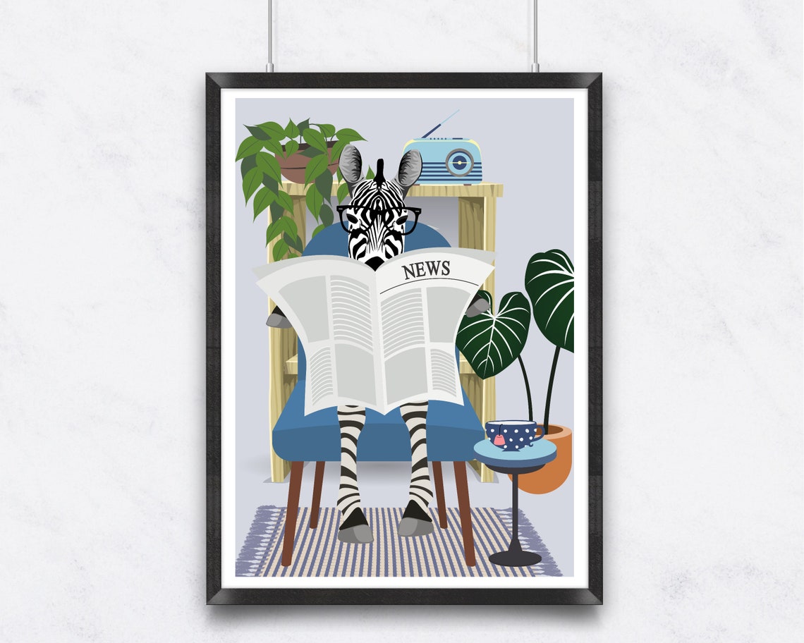 Zebra Reading Newspaper on Blue Chair Funny Spectacle Animal Poster - Image 3