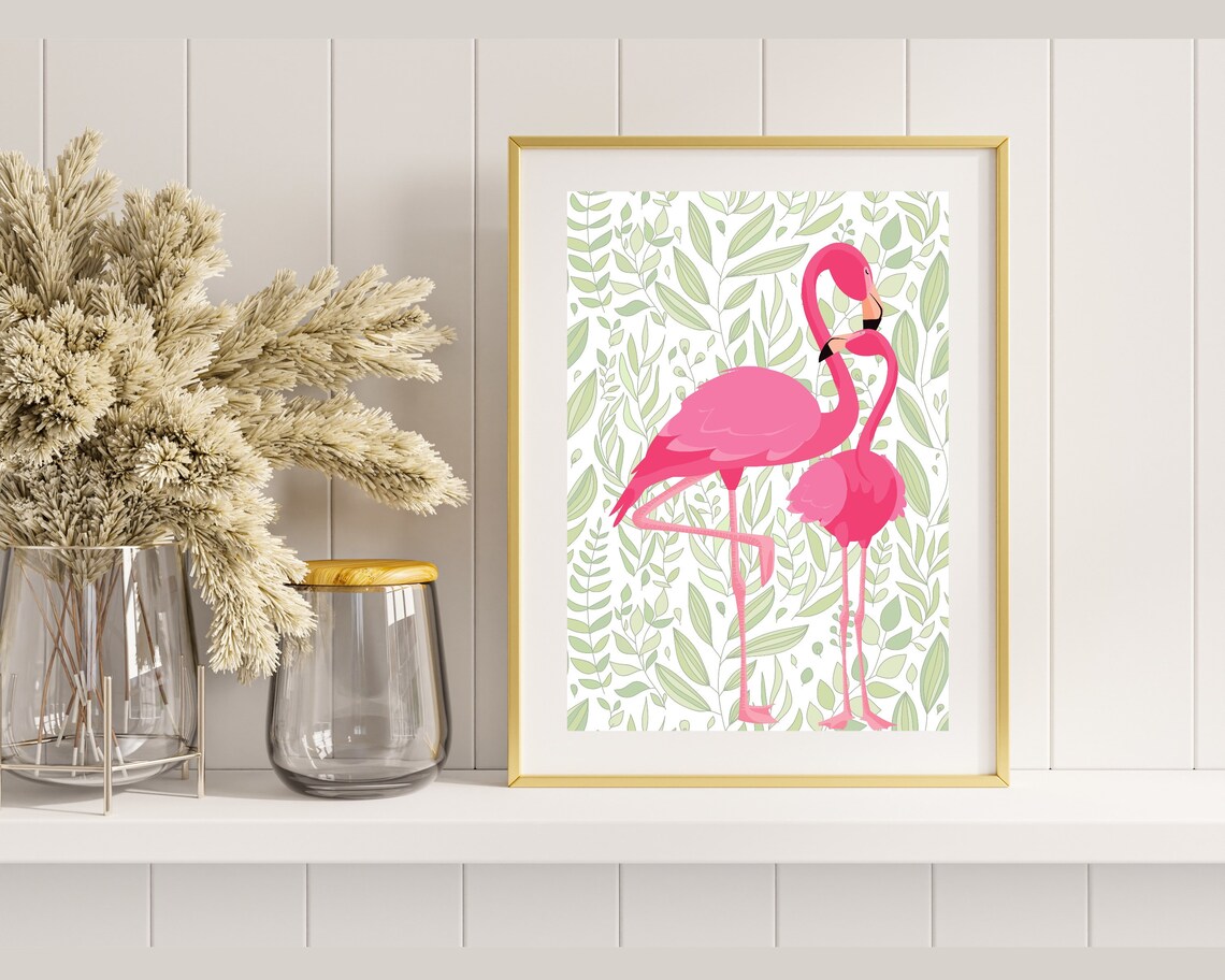 Flamingos On A Leafy Background Boho Bird Art Print - Image 2