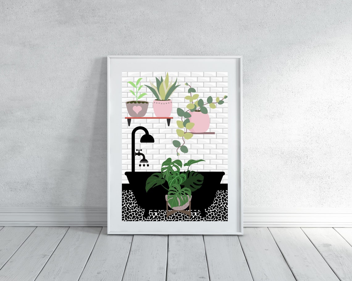 Black Bathtub With Pink Potted Plants On A Wall Shelf Poster - Image 3