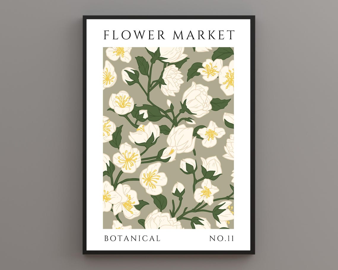 Flower Market White Blossom Sage Green Botanical No 11 Poster