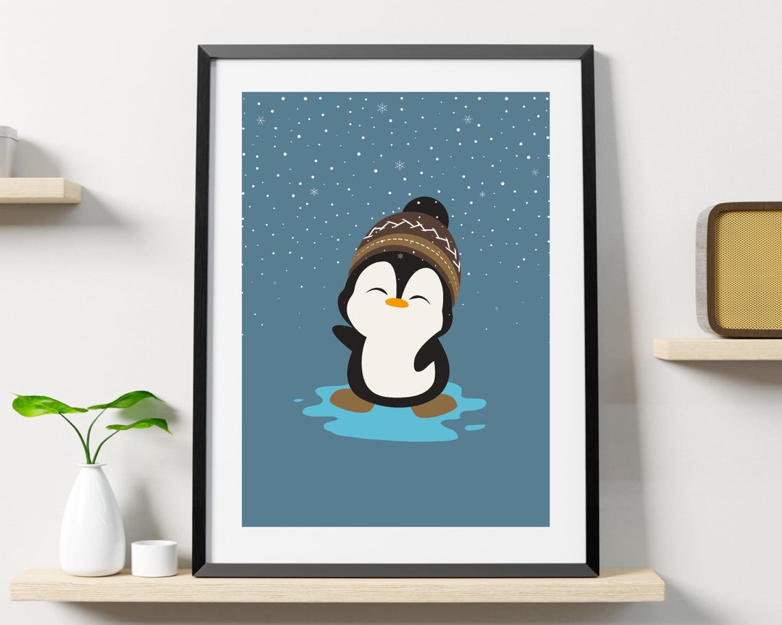 Happy Penguin in a Knit Hat Playing Under Falling Snow Poster - Image 3