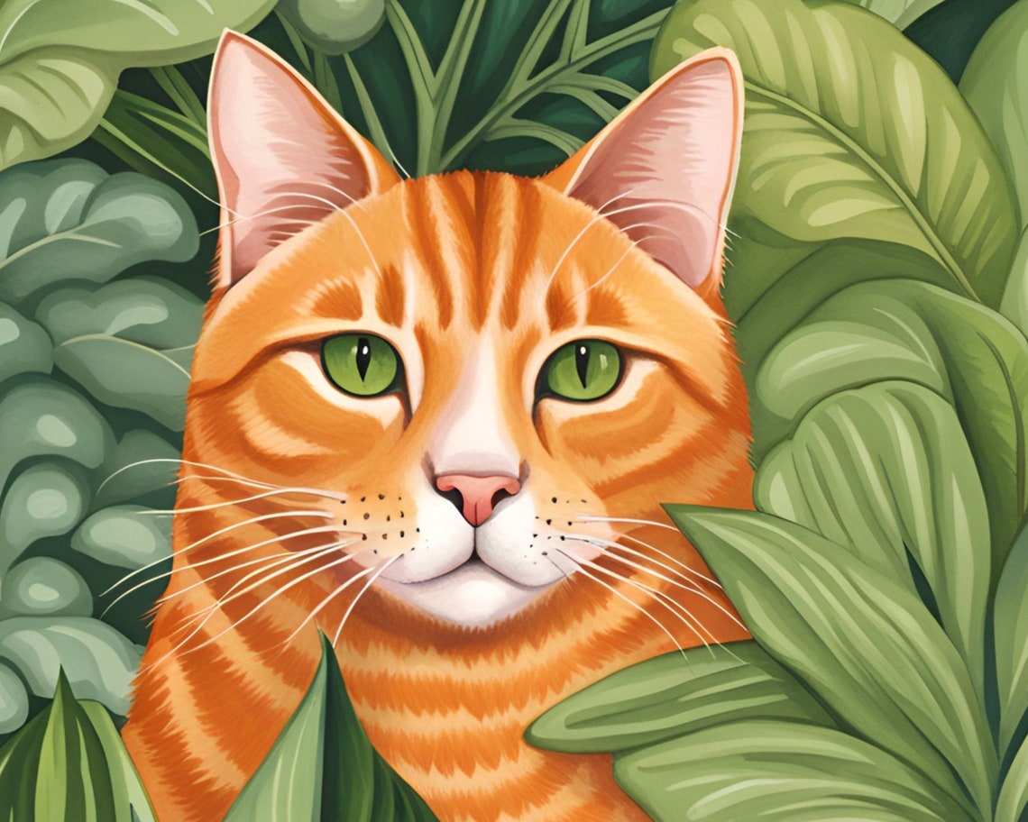 Ginger Tabby Cat With Green Eyes Among Botanical Leaves Poster - Image 2