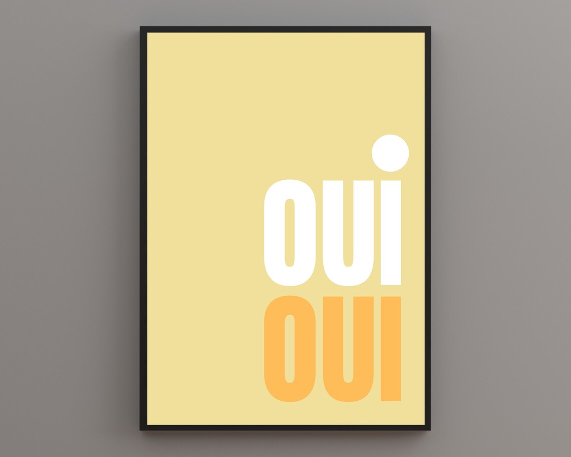 Oui Oui Typography Poster In White And Orange On A Yellow Wall