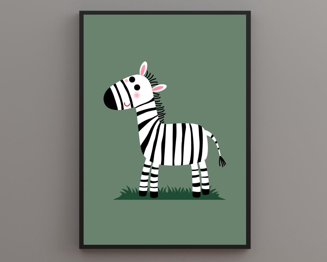 Smiling Cartoon Zebra Nursery Print on a Sage Green Background