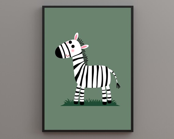 Smiling Cartoon Zebra Nursery Print on a Sage Green Background