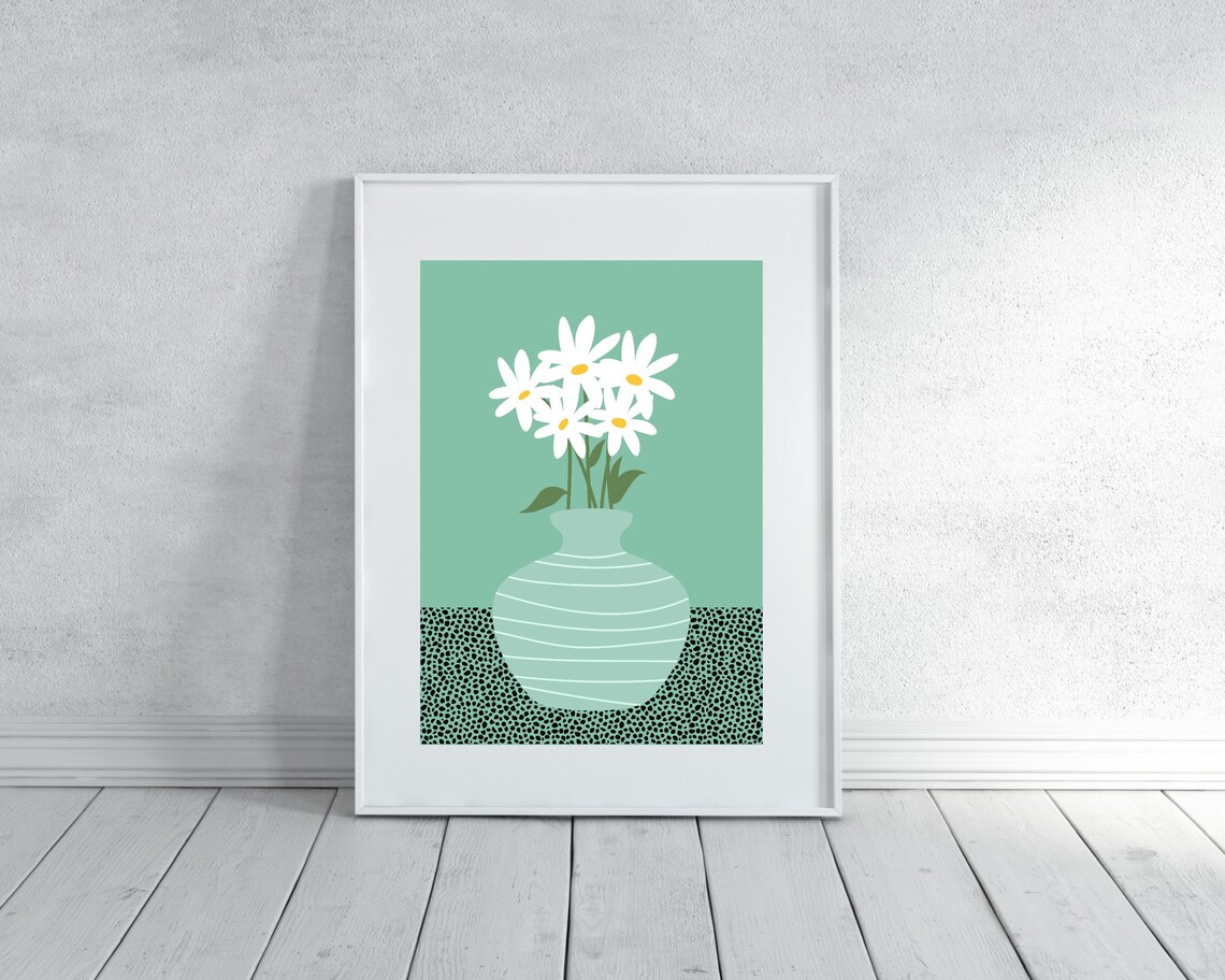 White Daisies In A Pale Striped Mint Green Vase Botanical Poster - Image 2
