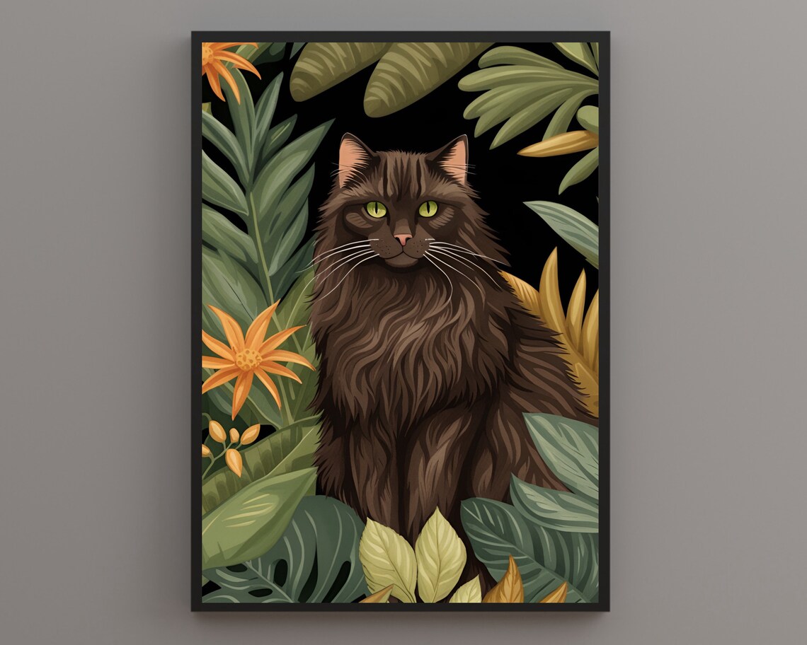 Fluffy Dark Brown Longhair Cat Among Lush Tropical Leaves Poster